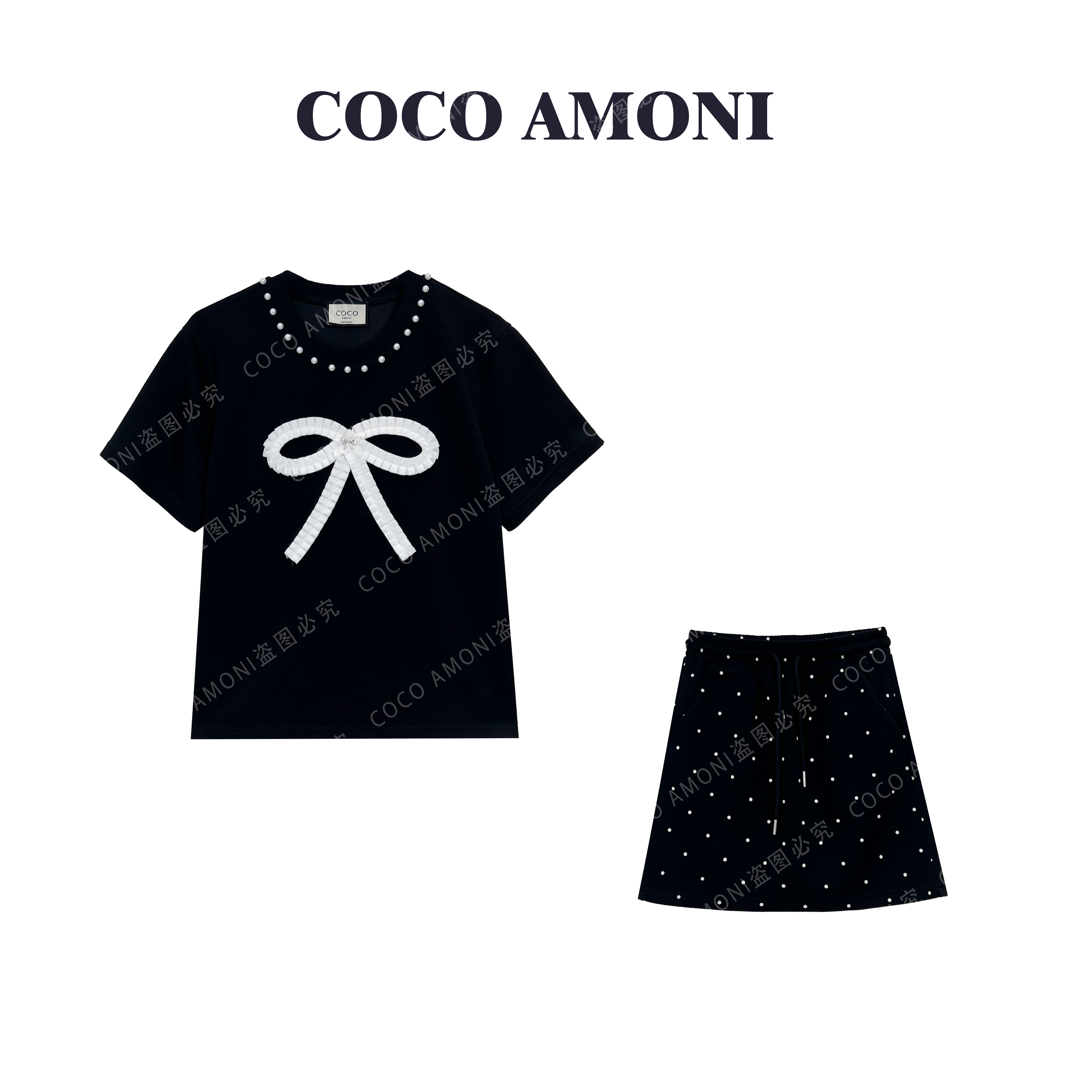 时尚宽松重工气质女装钉珠圆领拼接蝴蝶结显瘦套装AC226