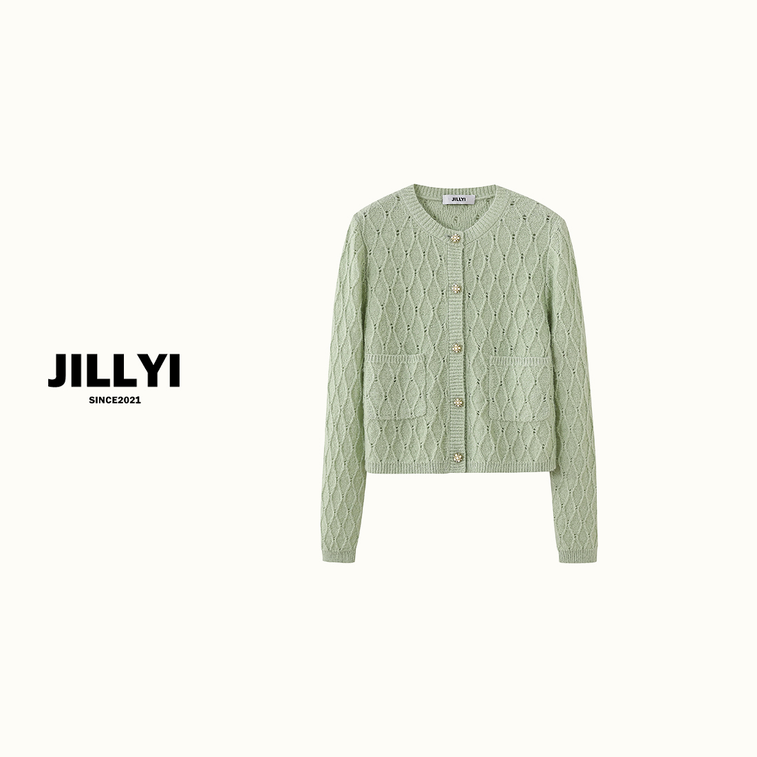 jillyi【清酒微甜】灰绿色圆领花朵单排扣小清新时尚针织开衫