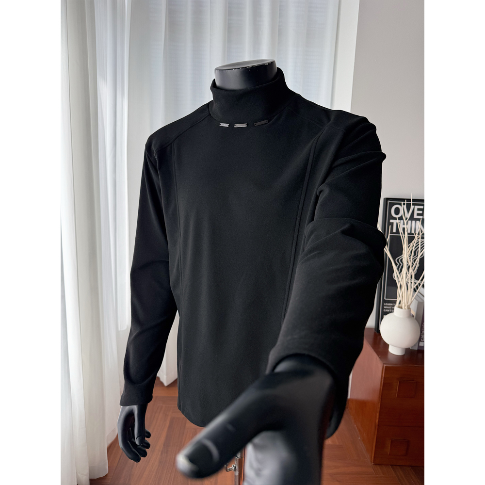 黑色半高领德绒打底衫男款冬季金属扣解构长袖t恤美式重磅厚卫衣