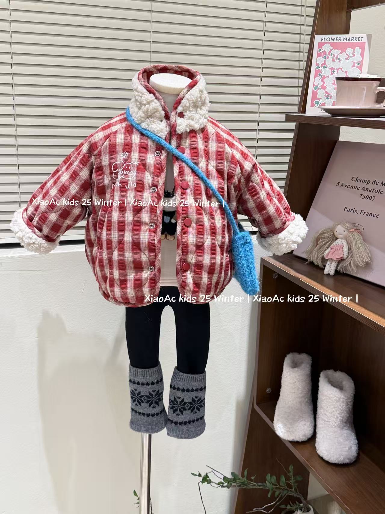 新年款女童格子羊羔绒两面穿外套女宝一体绒打底衫加绒加厚打底裤