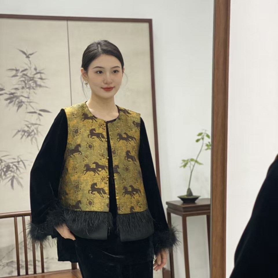 新中式国风重工提花马甲女秋冬高级感宽松上衣