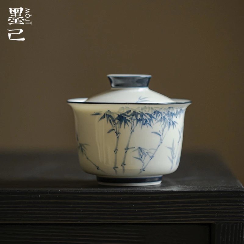 墨己-玉泥-青花竹逸-惜玉盖碗品茗杯家用中式青花手绘釉下彩陶瓷