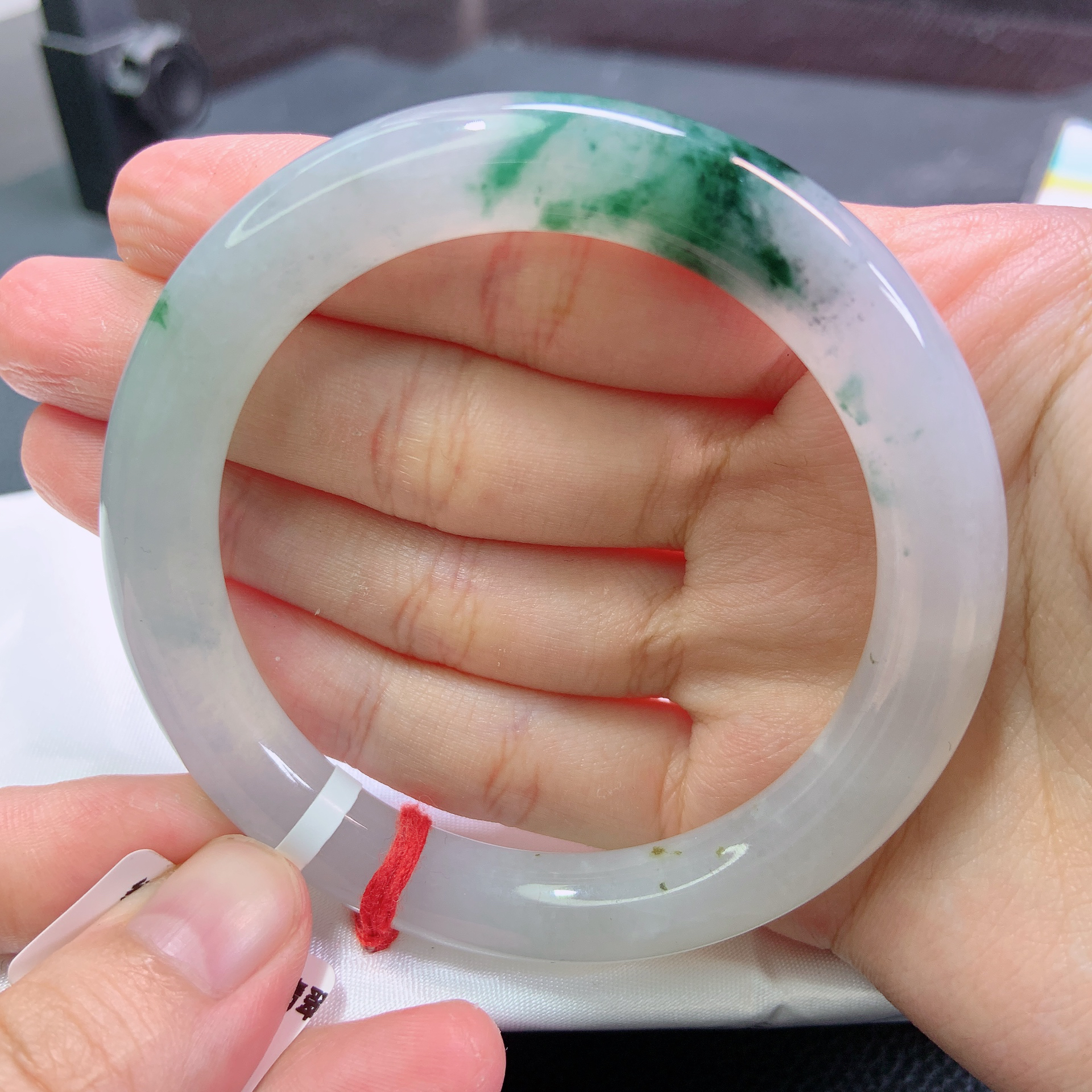 1618号缅甸天然A货翡翠55-56圈口糯冰飘花圆条手镯