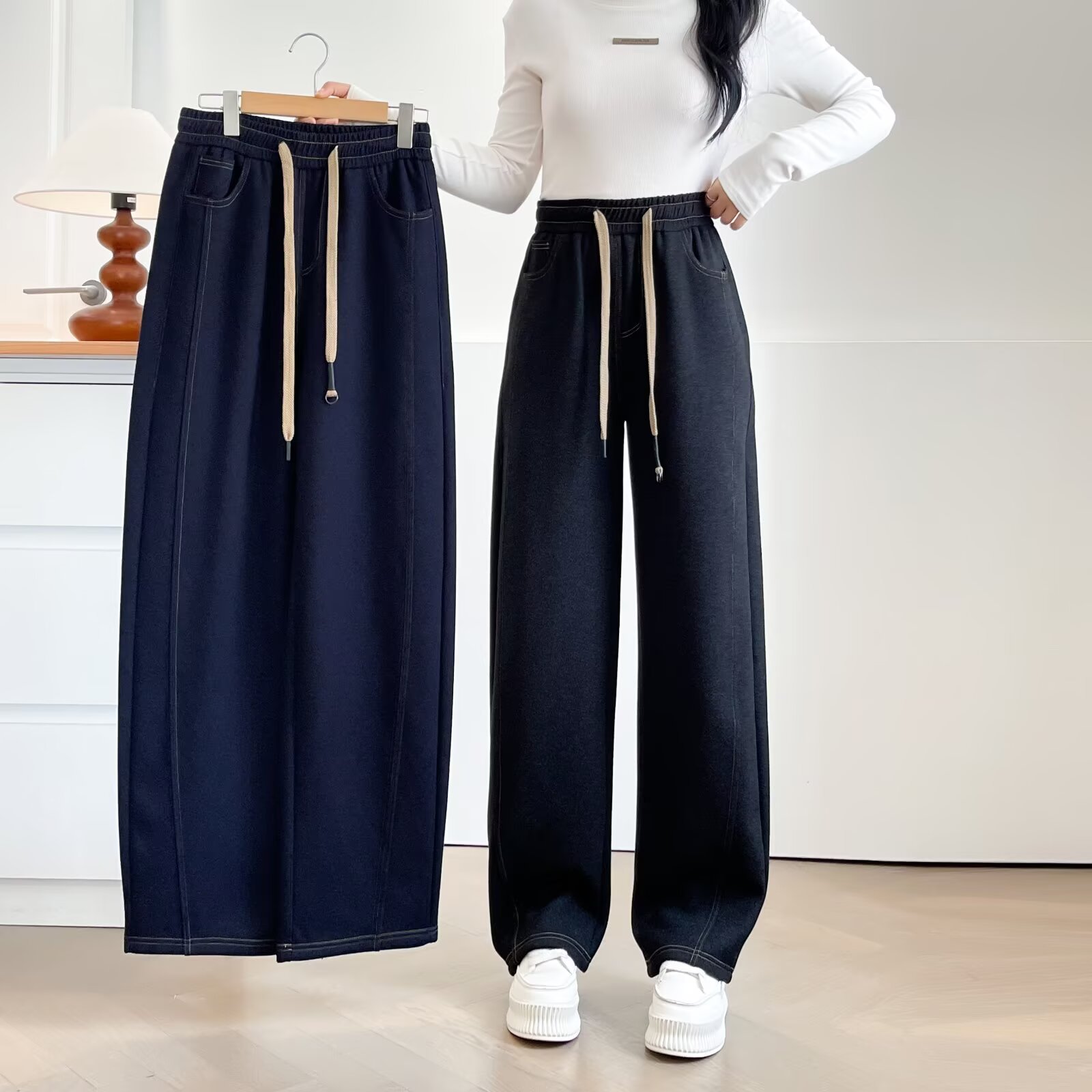 100-200斤大码女装胖mm秋冬款百搭休闲松紧腰加绒弯刀牛仔裤