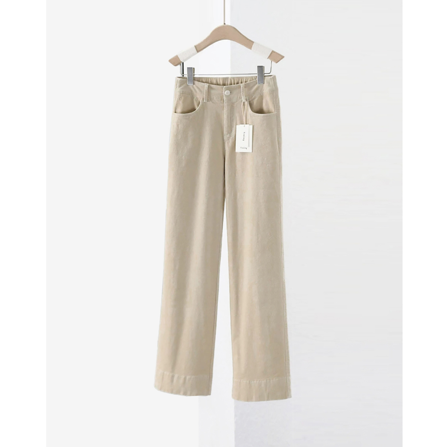 柔软升级四面弹灯芯绒裤子女米色窄版直筒裤松紧腰小个子长裤