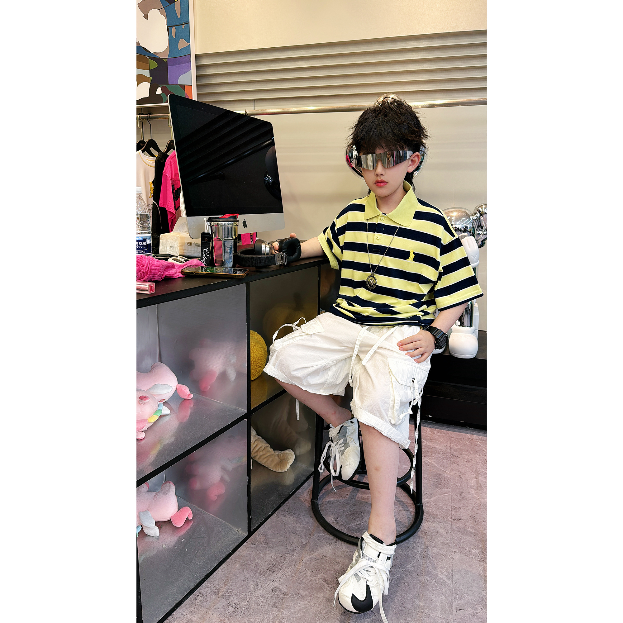 蛋蛋家【黄色条纹polo】夏款时尚街头男童黄色条纹polo短袖T恤