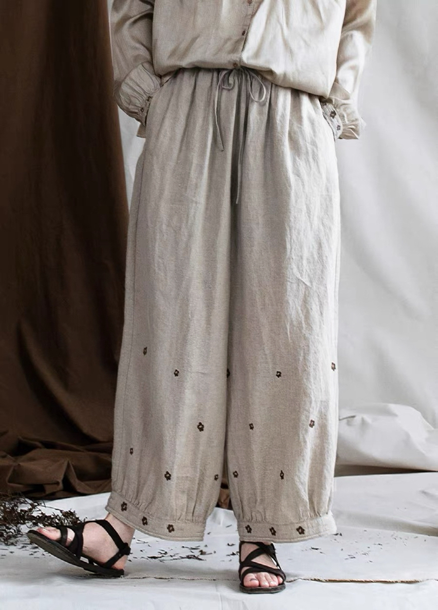 夏雨露汉麻麻纱松紧腰宽松绣花女休闲灯笼裤