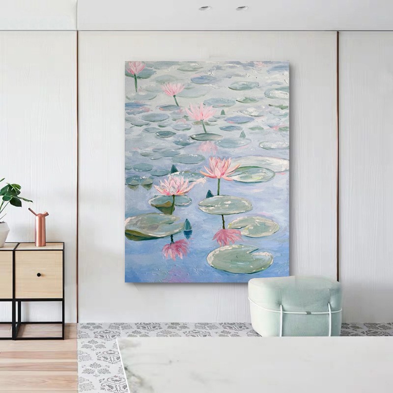 手绘油画荷花客厅装饰画现代大气莲花睡莲玄关走廊进门竖版挂画