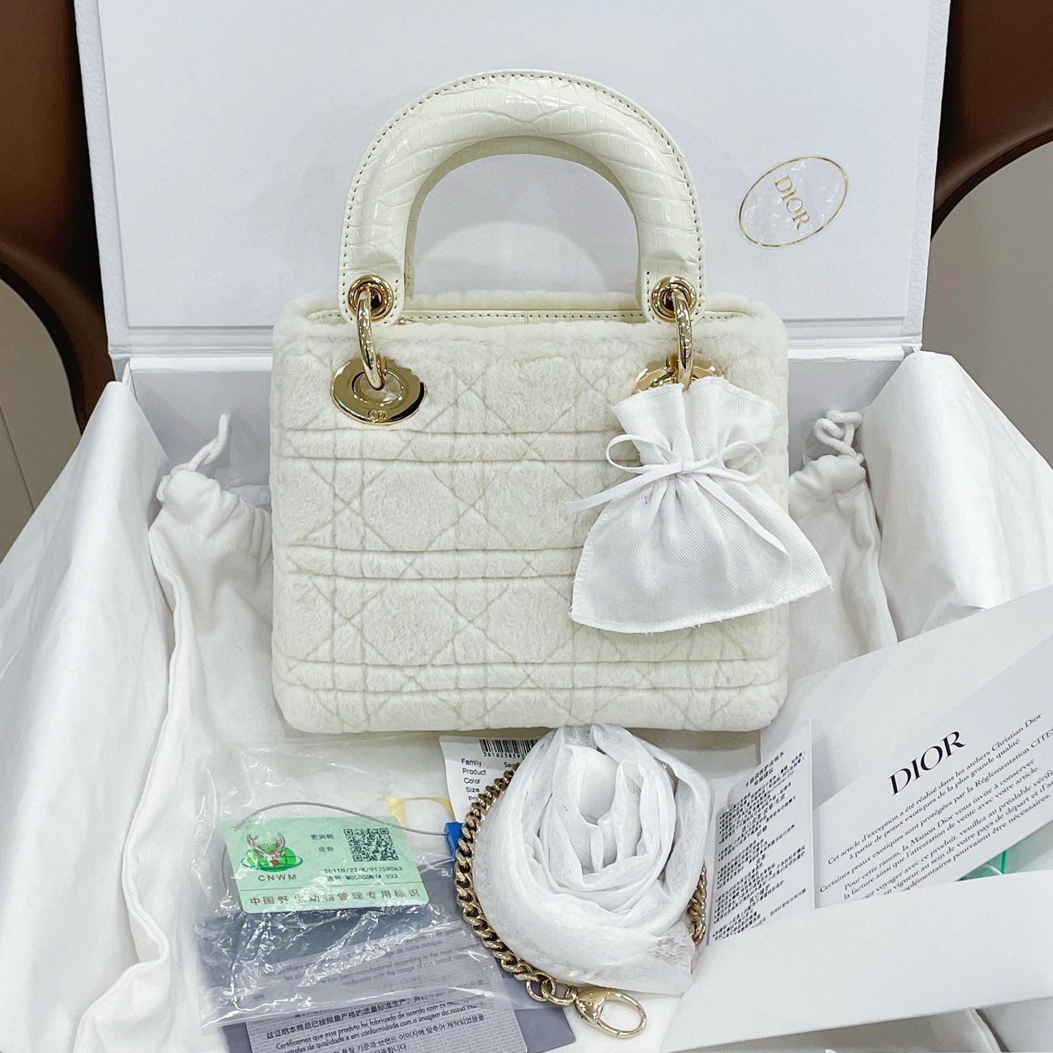 99新 DIOR/迪奥 三格戴妃水貂毛拼鳄鱼皮女士手提斜挎包/7JJ36825