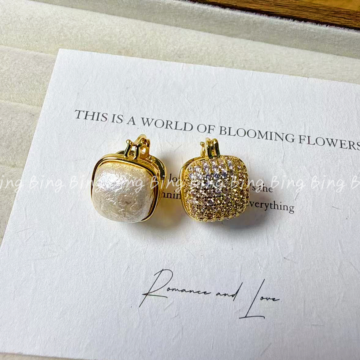 铜合金耳饰 双面奢侈方~韩系两戴锆石高端百搭棉花珠耳环耳扣 A60