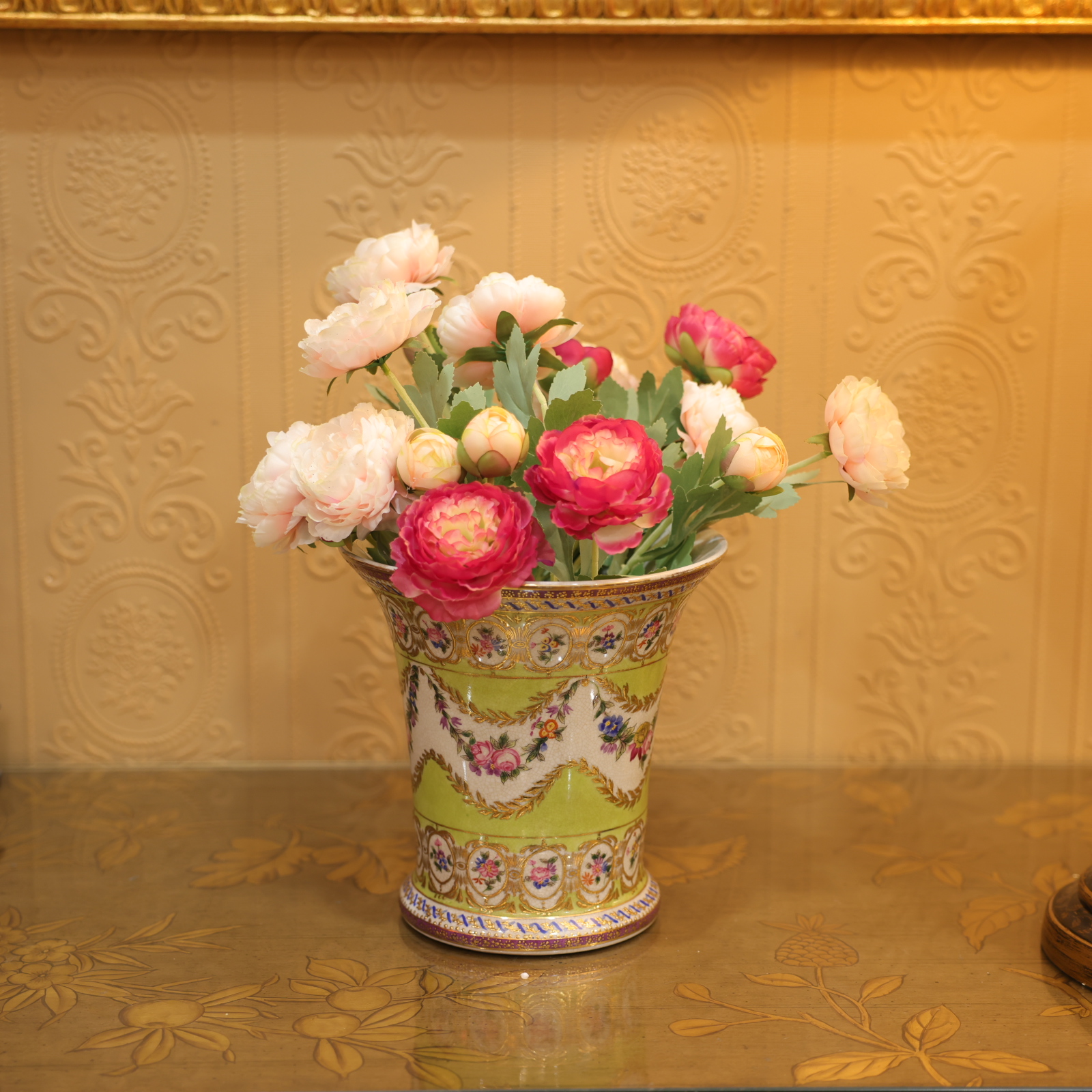 知潇家居/敞口淡绿花瓶/手工美式/复古轻奢/创意陶瓷/玄关摆设