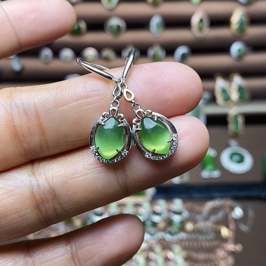 吊坠(不含链)银S925镶嵌和田玉（碧玉）耳饰