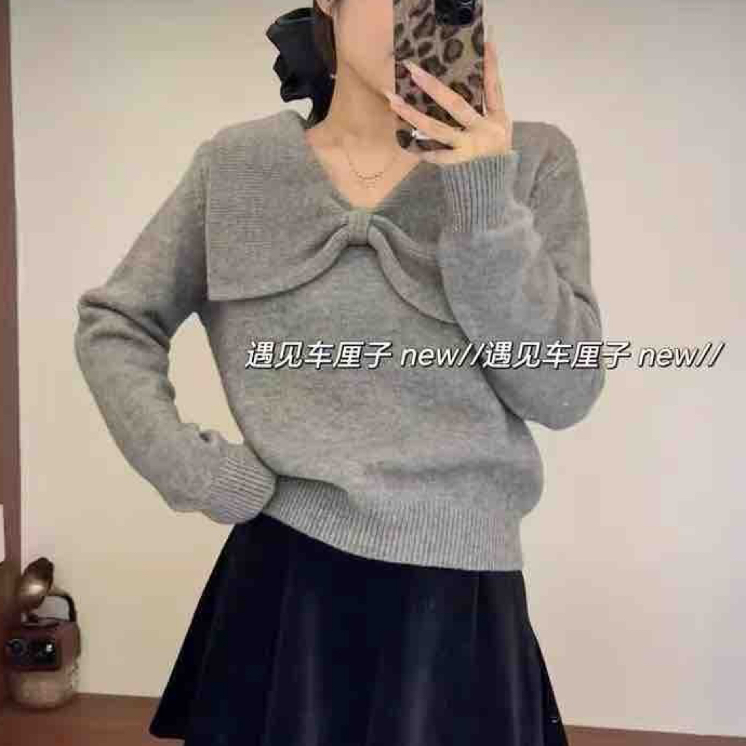 Meiky饼 甜美百搭 韩系蝴蝶结设计感方领长袖针织衫