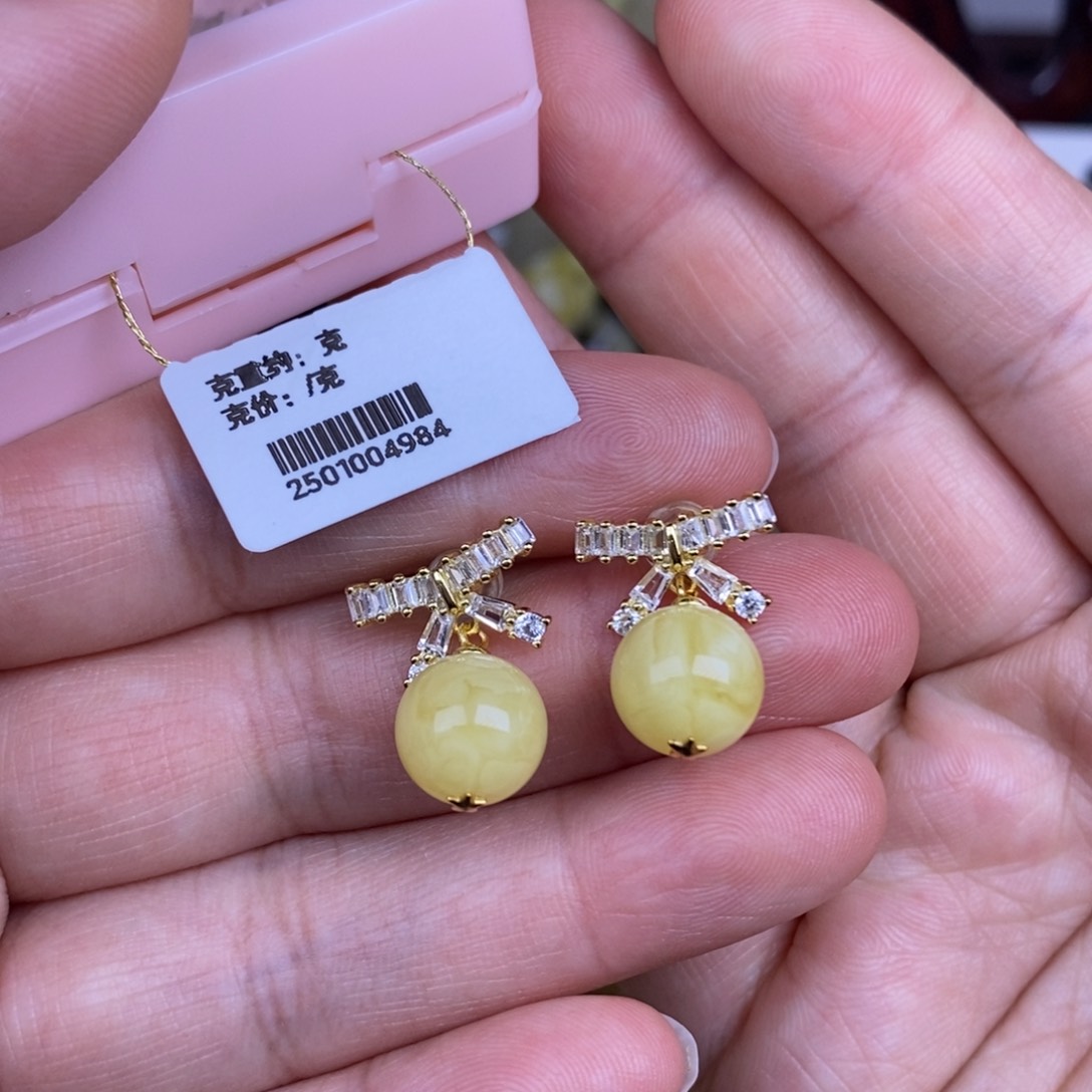 蜜蜡银S925镶嵌耳饰10圆珠耳坠