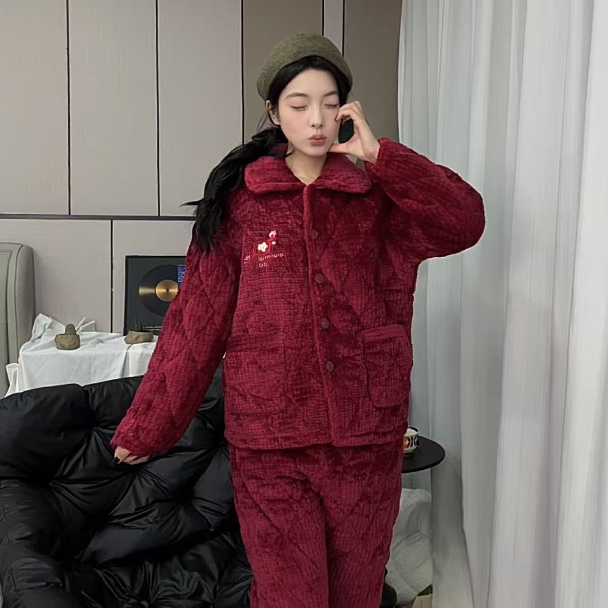 【0285兰 妈妈款】冬天睡衣夹棉三层加绒加厚保暖中老年棉袄家居服