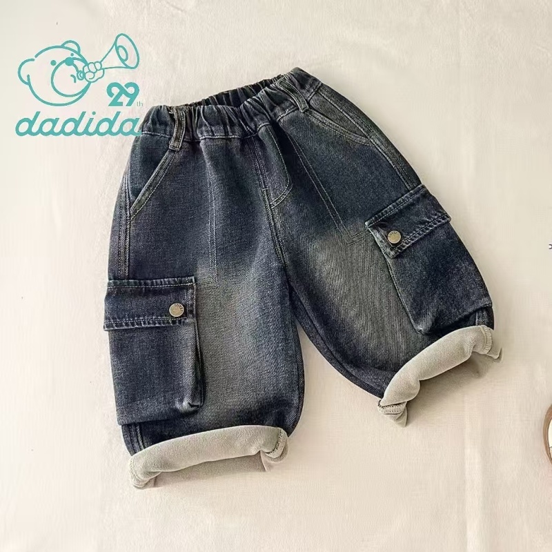 dadida/嗒嘀嗒冬加绒加厚男童侧边大口袋宽松韩版工装裤505300085