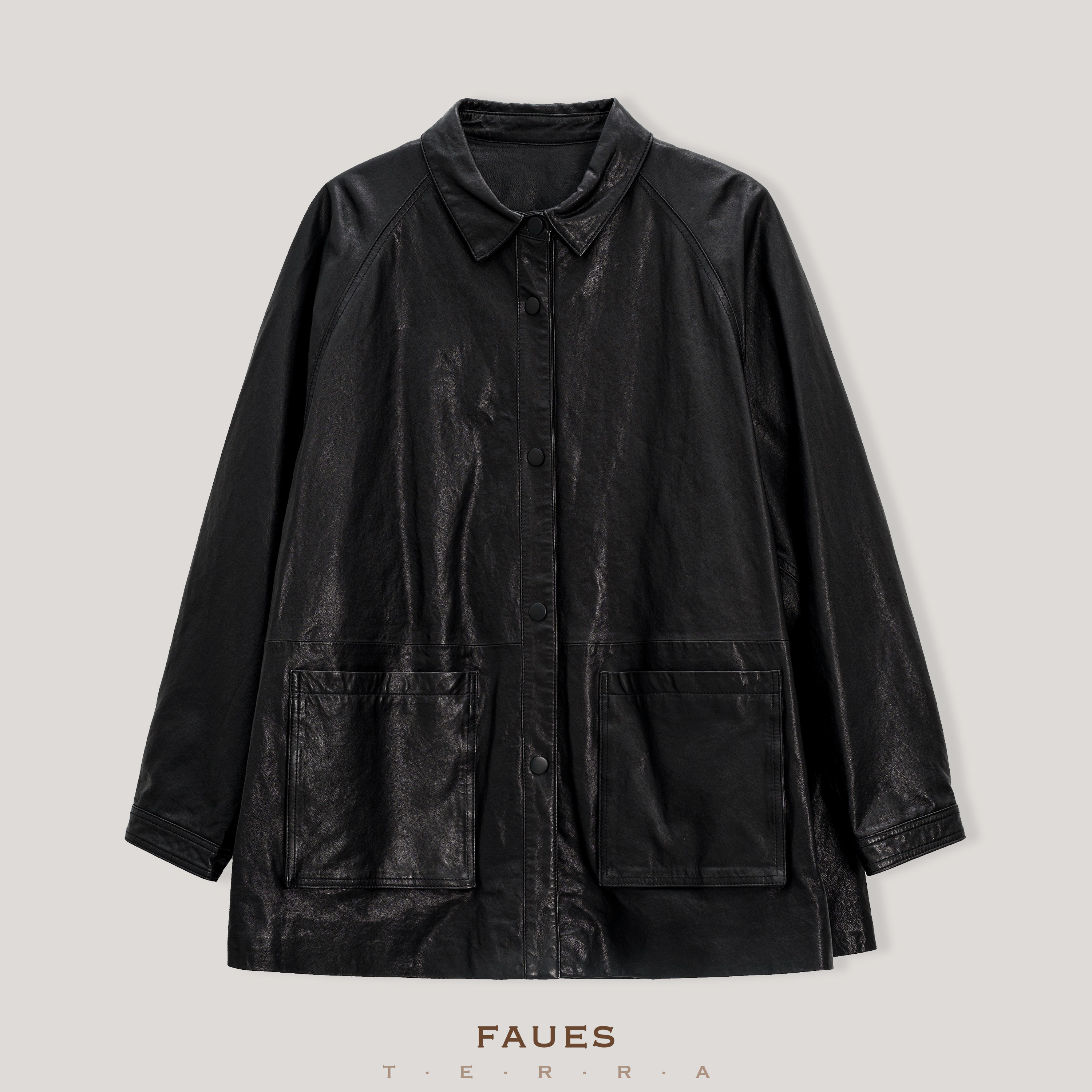  若愚 松弛自在全植鞣羊皮三线立裁廓感衬衫式中短风衣皮衣