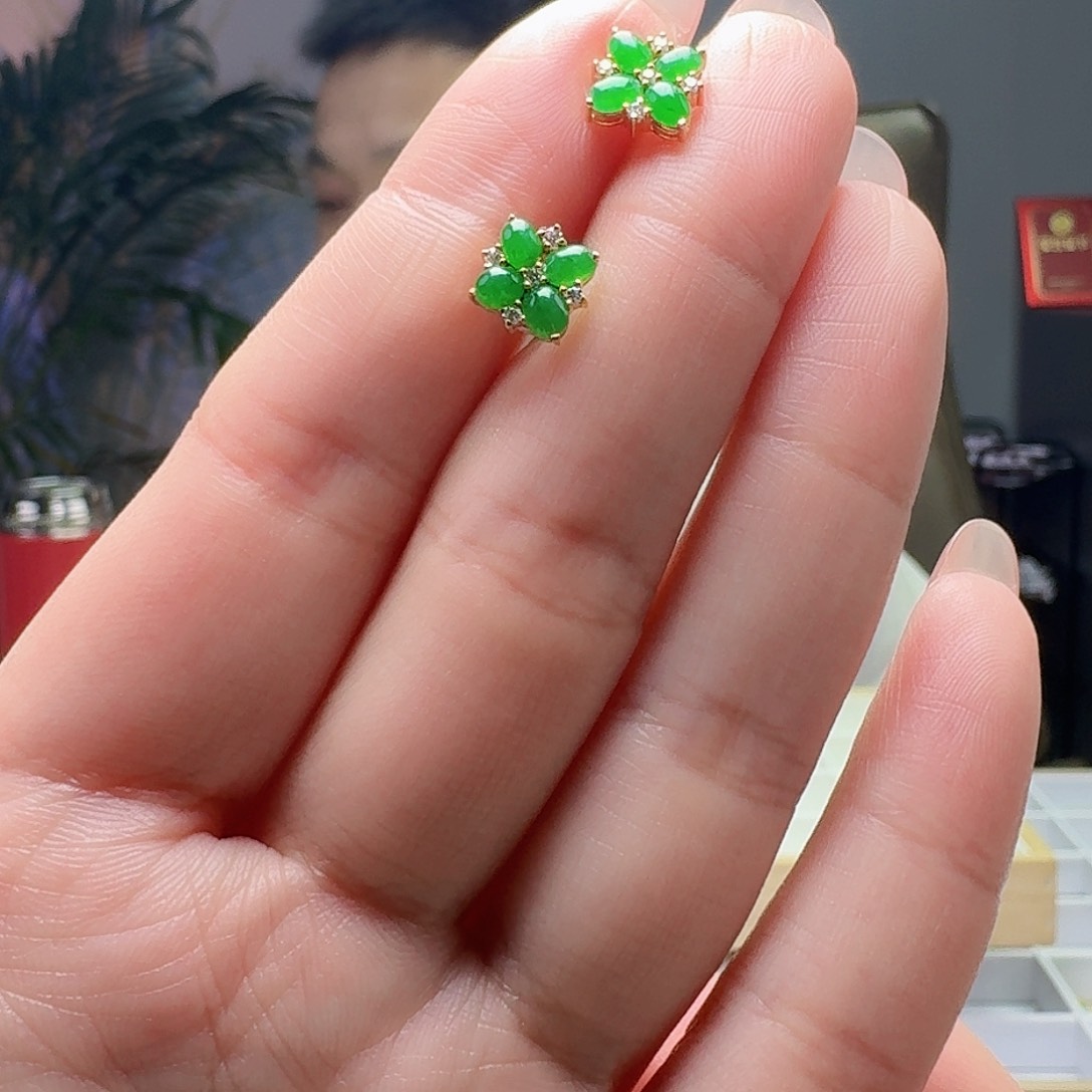 翡翠耳饰18K金镶嵌天然