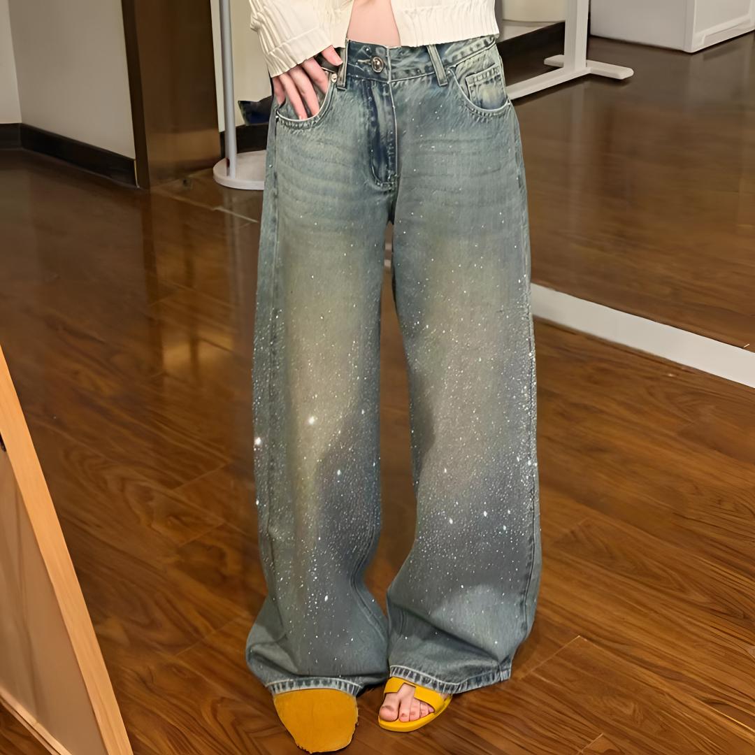 2025年璀璨满天星河烫砖秋冬阔腿秋冬女牛仔裤高腰宽松显瘦高级感