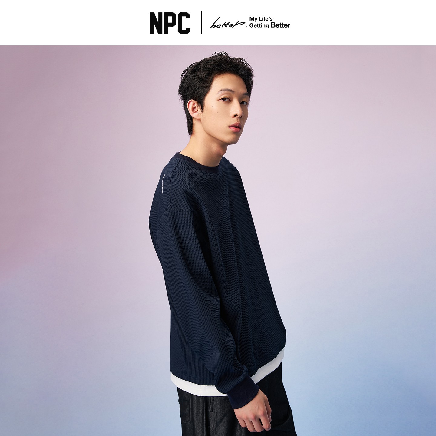 NPC潮牌假两件拼接【华夫格】圆领长袖T恤男舒适透气秋NP57TL13