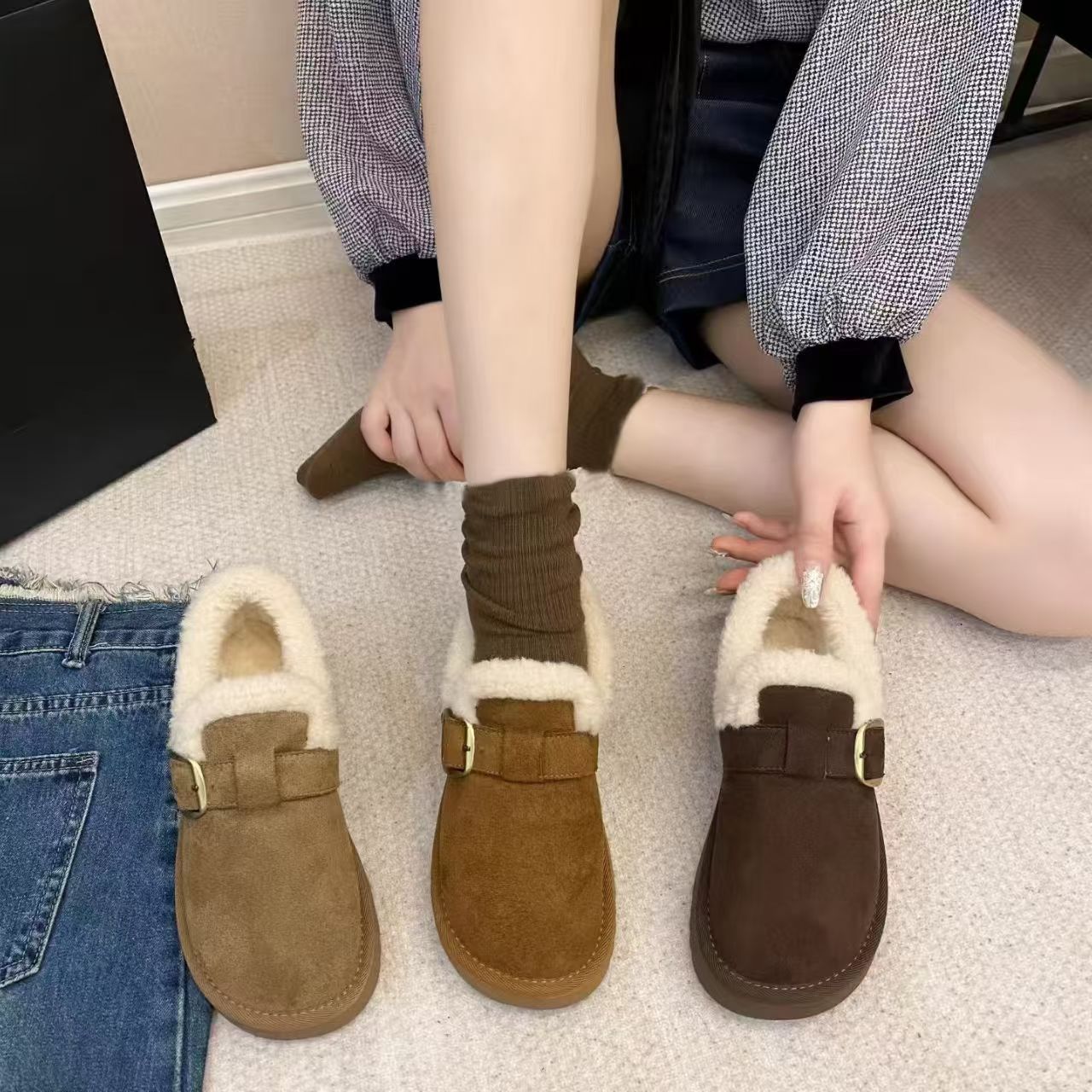 厚底加绒勃肯鞋女款2025新款冬季女鞋毛绒雪地靴保暖棉真皮鞋子