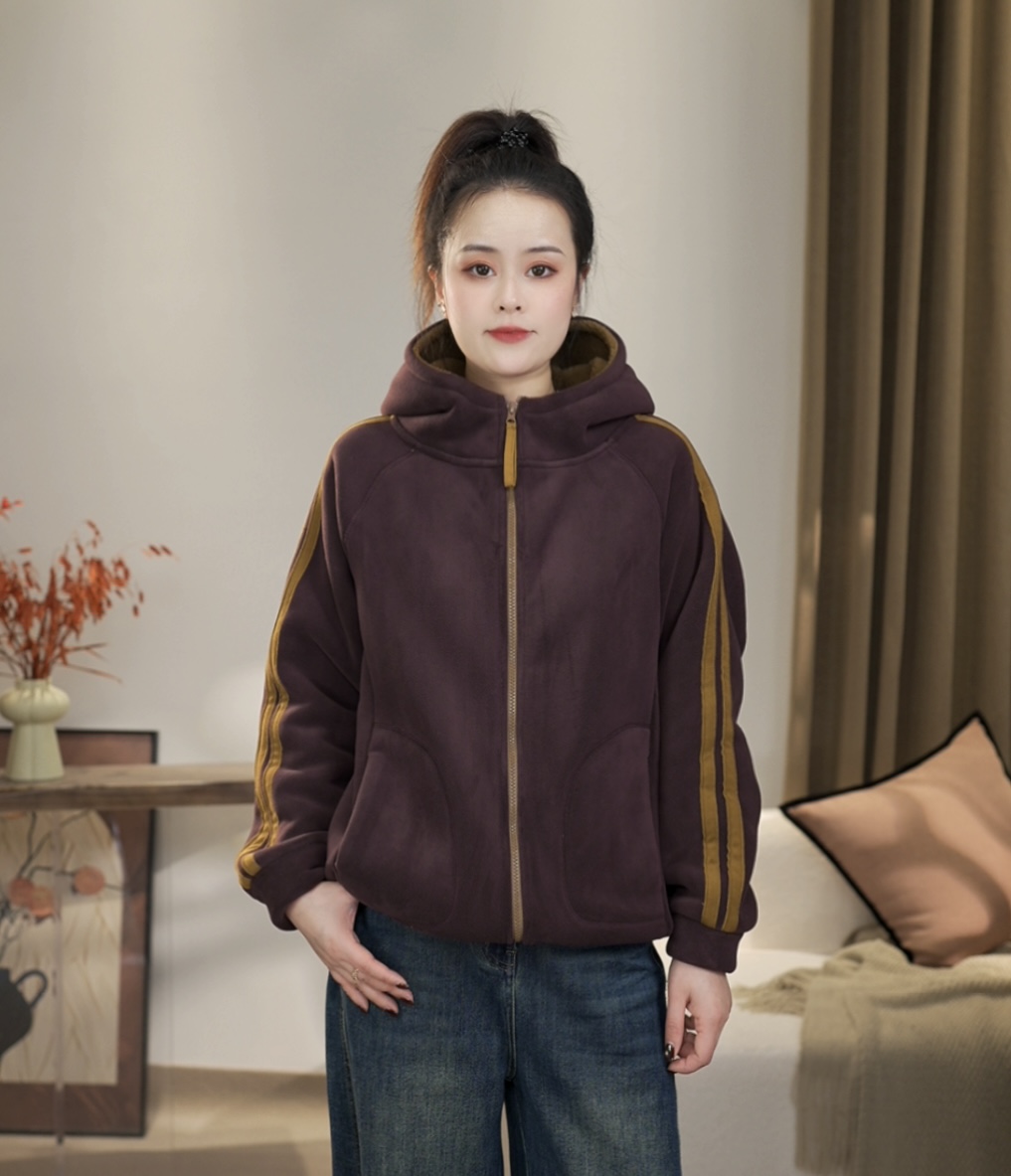 【沐沐】冬季加绒加厚巨保暖时尚休闲百搭宽松奥利绒连帽厚外套