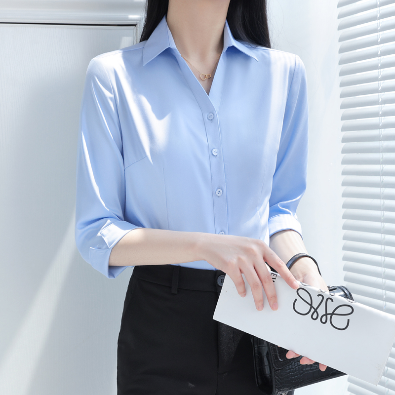 职业蓝色衬衫女大码中袖七分袖竹纤维上衣面试正装V领工装白衬衣