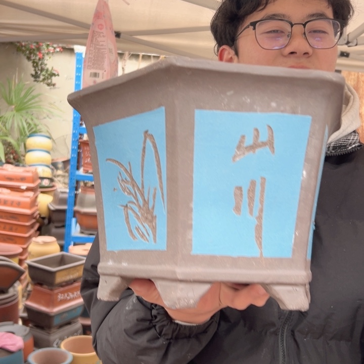 25蓝刻绘六方花盆花盆花盆