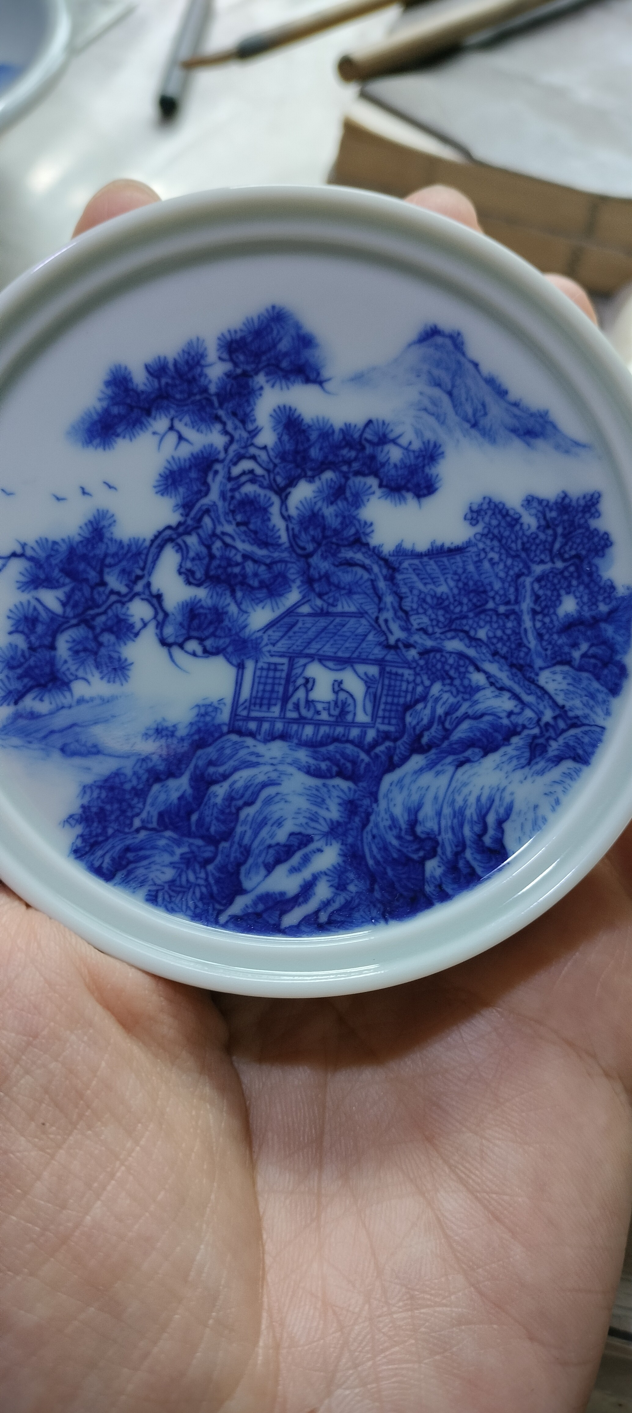 一物一拍 景德镇手绘青花瓷山水盖置茶壶盖托功夫茶具实用摆件