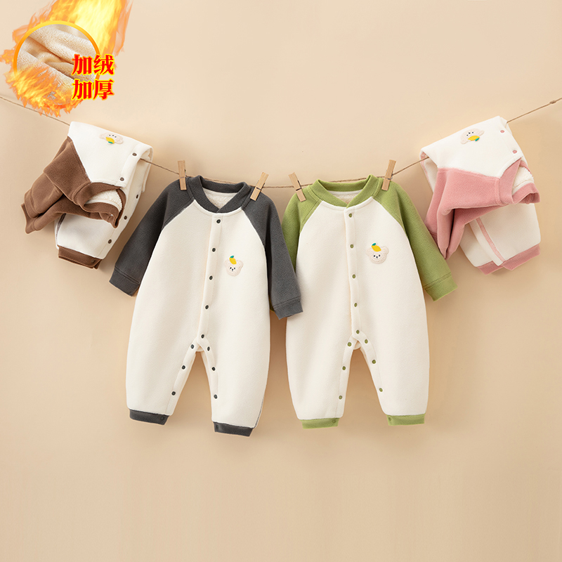 婴儿冬季加绒加厚连体衣服宝宝保暖长袖哈衣爬服加棉新生儿外出服