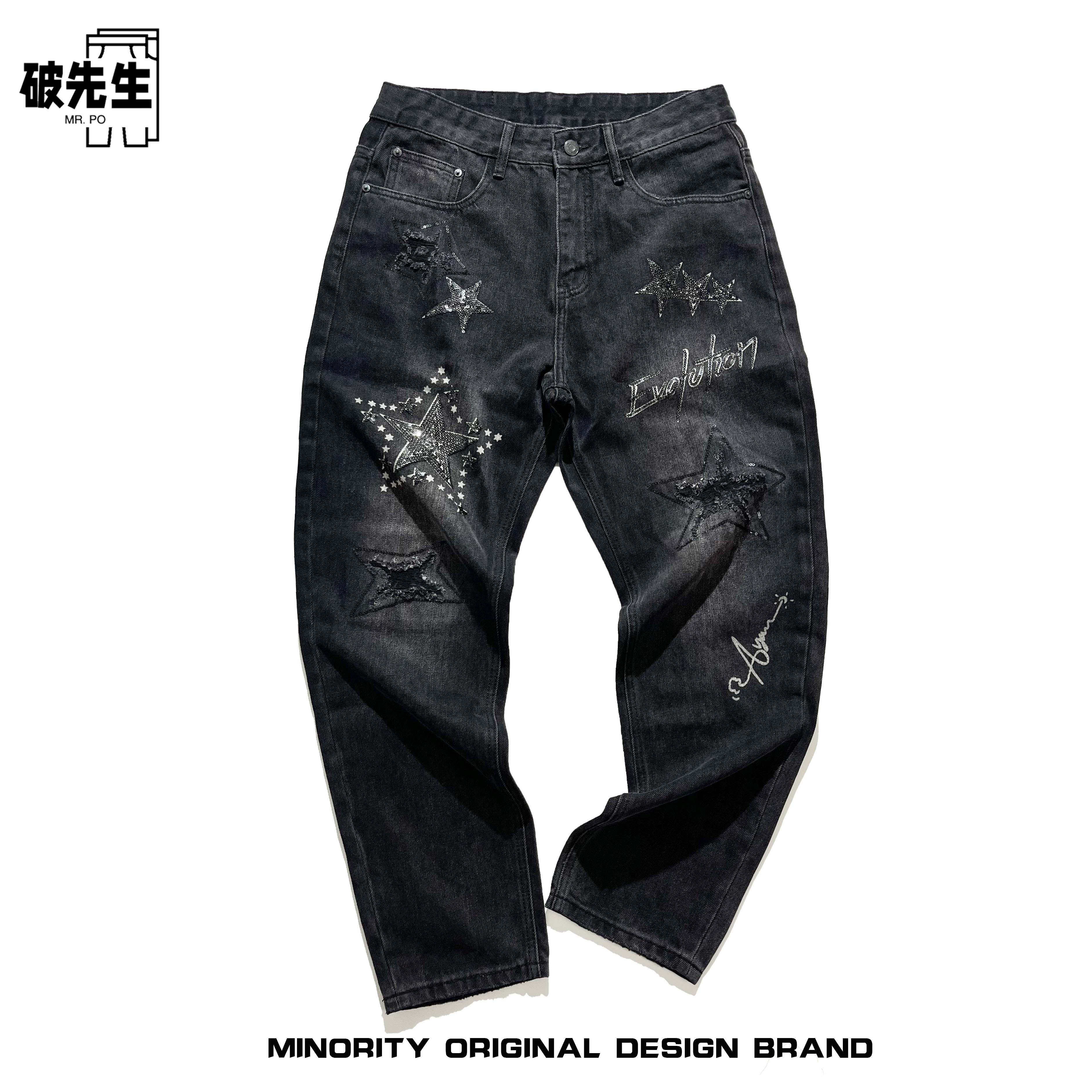 Mr.po/破先生潮牌明星同款黑色烫钻牛仔裤男刮烂破洞裤星星图案