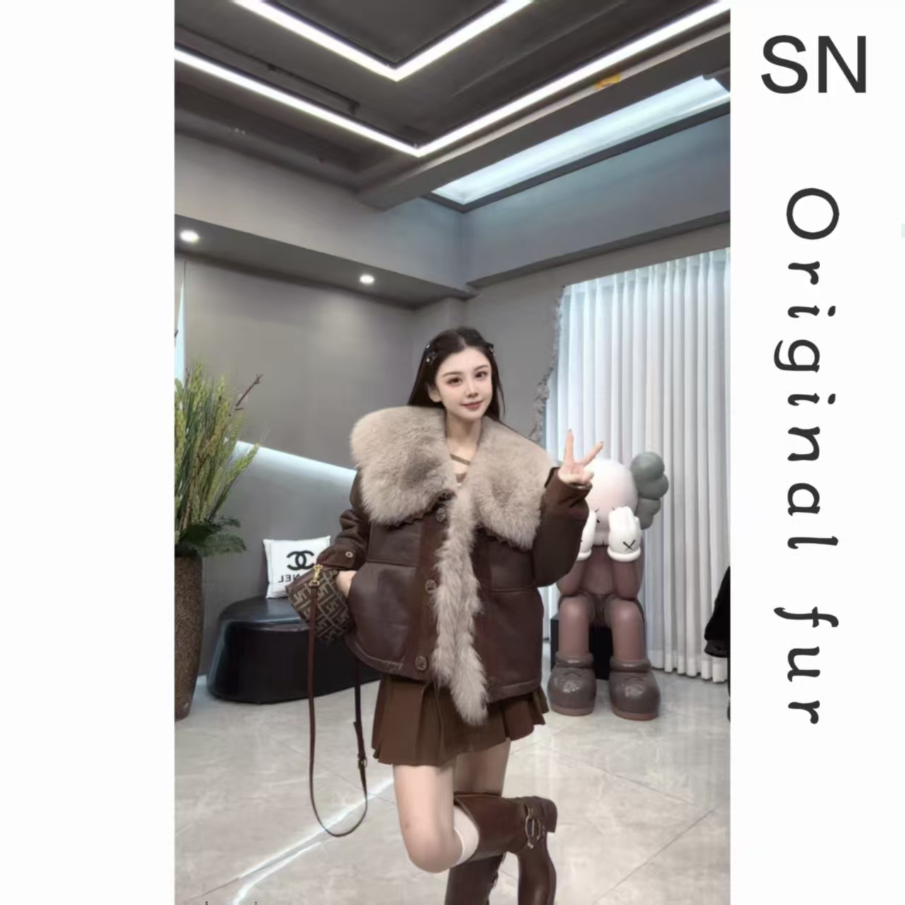 SN原创SN2597设计师复古风狐狸毛领皮毛一体外套皮草冬季海宁