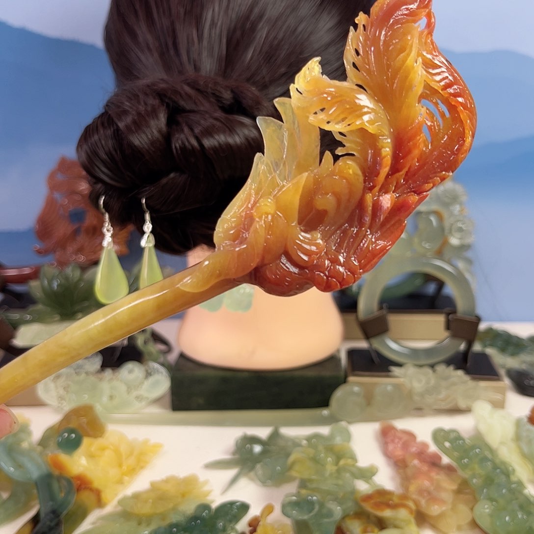 绿***海蛇纹石玉合金发饰