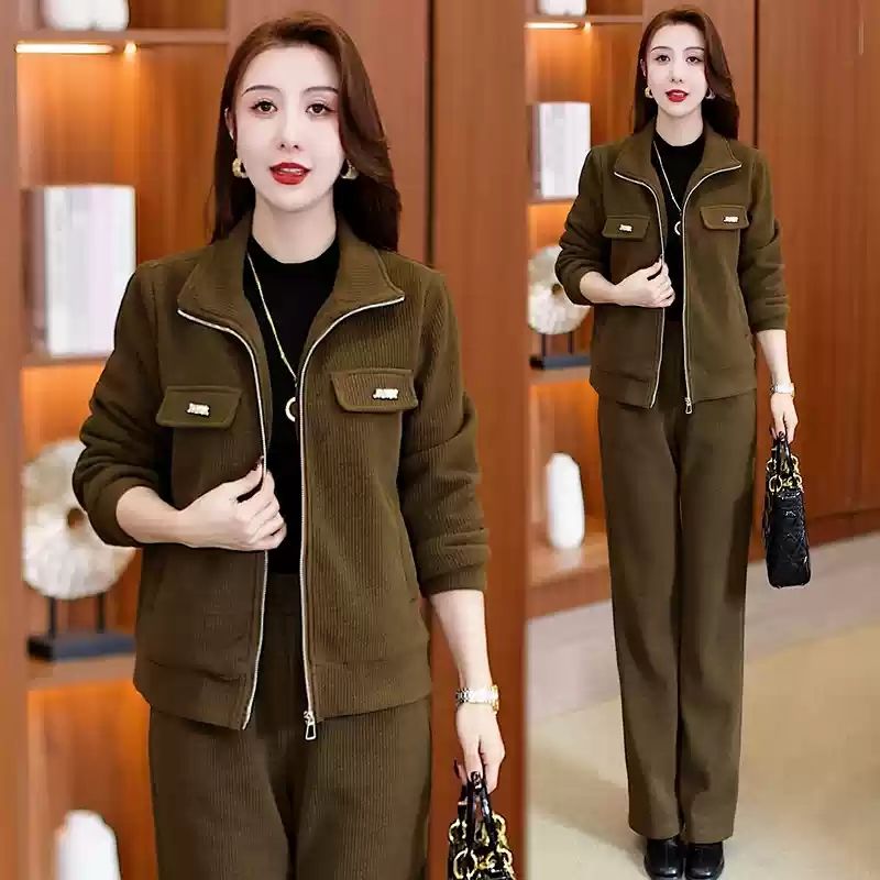 中年装妈妈款加绒加厚保暖时尚套装2025年冬季新款宽松外套两件套