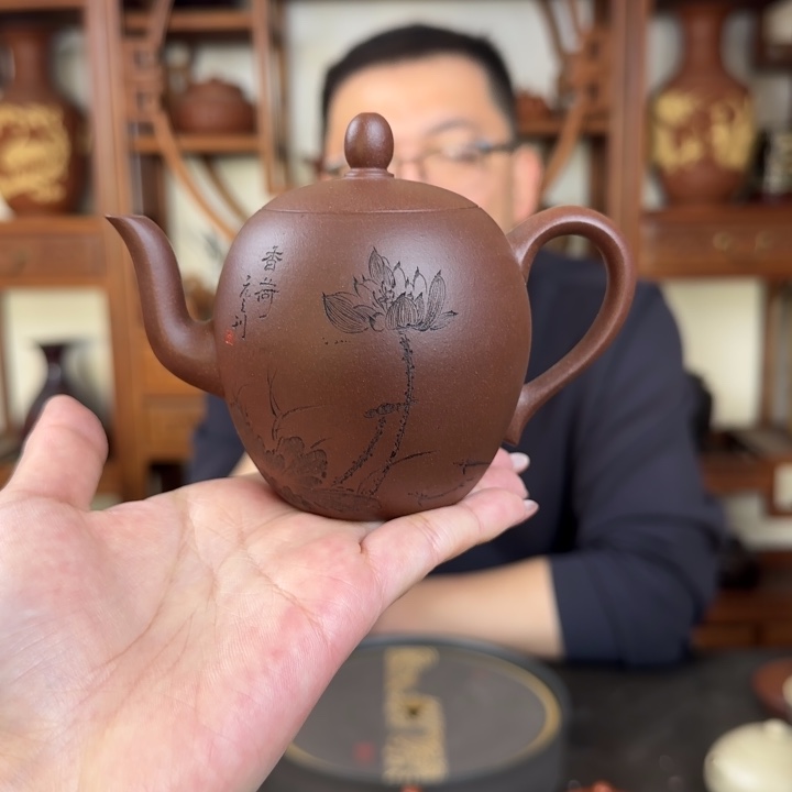 紫砂茶壶老紫泥 美人肩 刻绘
