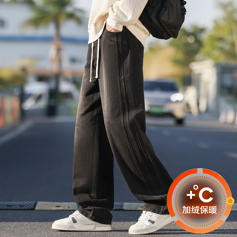青少年冬季加绒加厚男士牛仔裤学院风百搭宽松复古水洗保暖长裤子