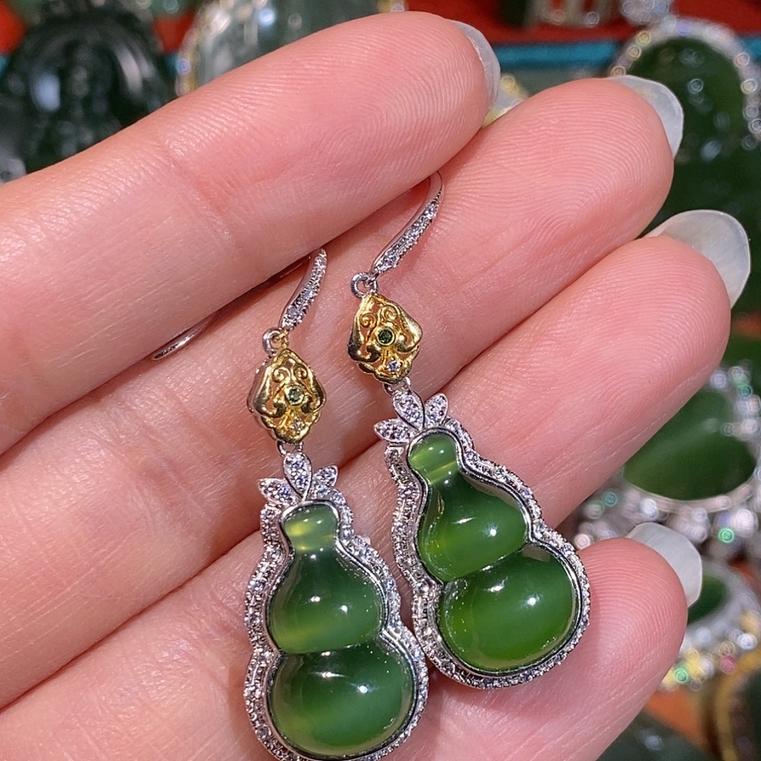 和田玉（碧玉）银S925镶嵌耳饰