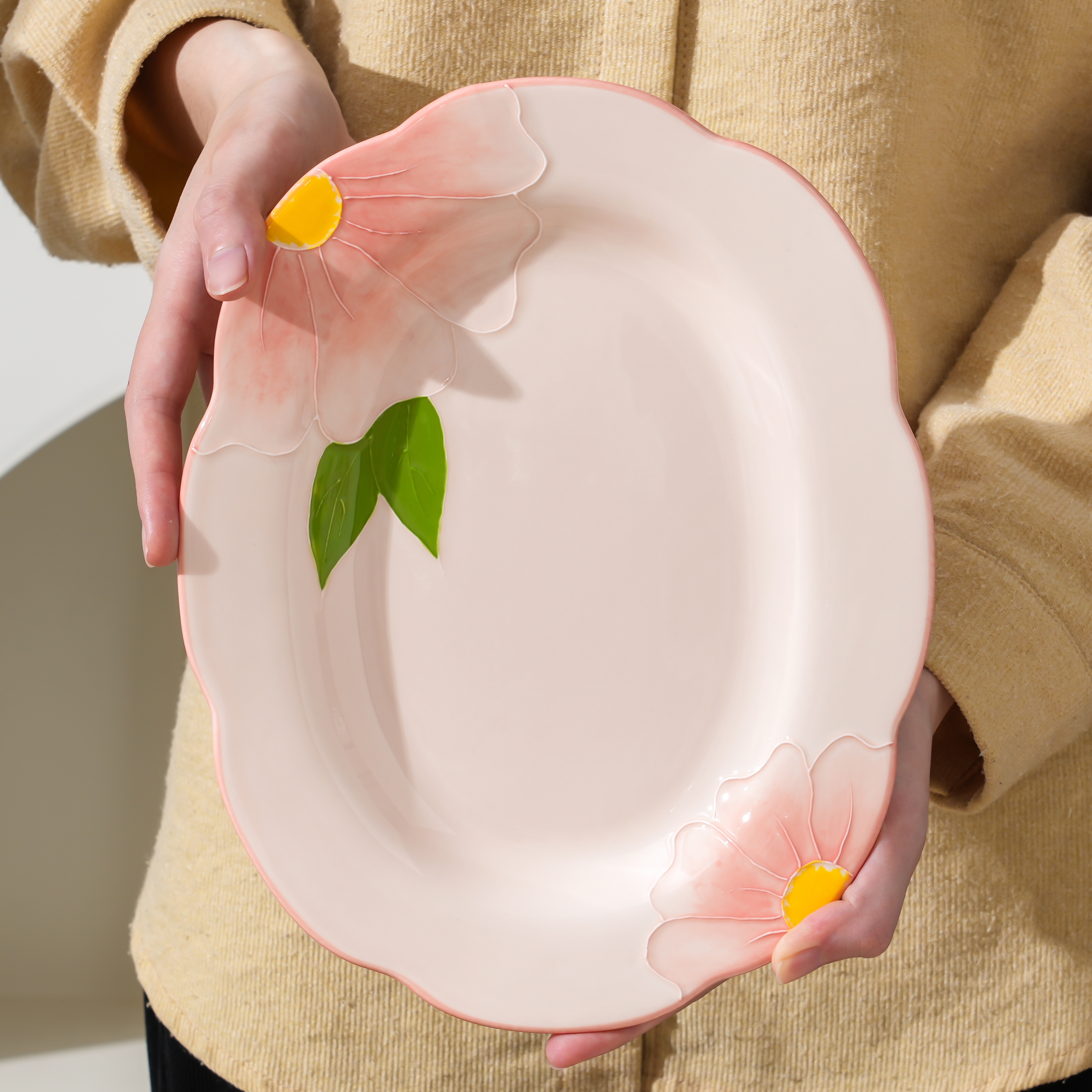 清晨物语一个装10英寸花边鱼盘陶瓷手绘浮雕釉下彩精致菜盘饭盘