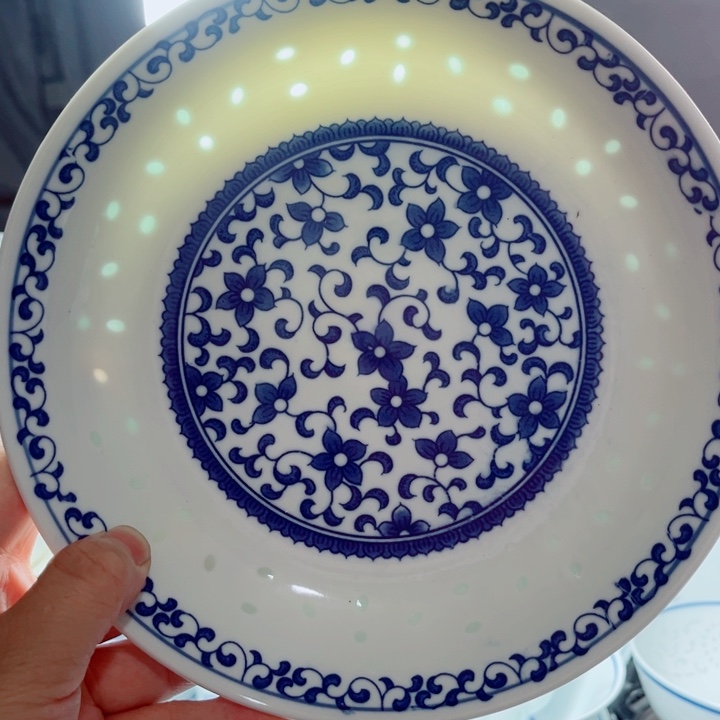青花玲珑8寸窝盘紫荆花