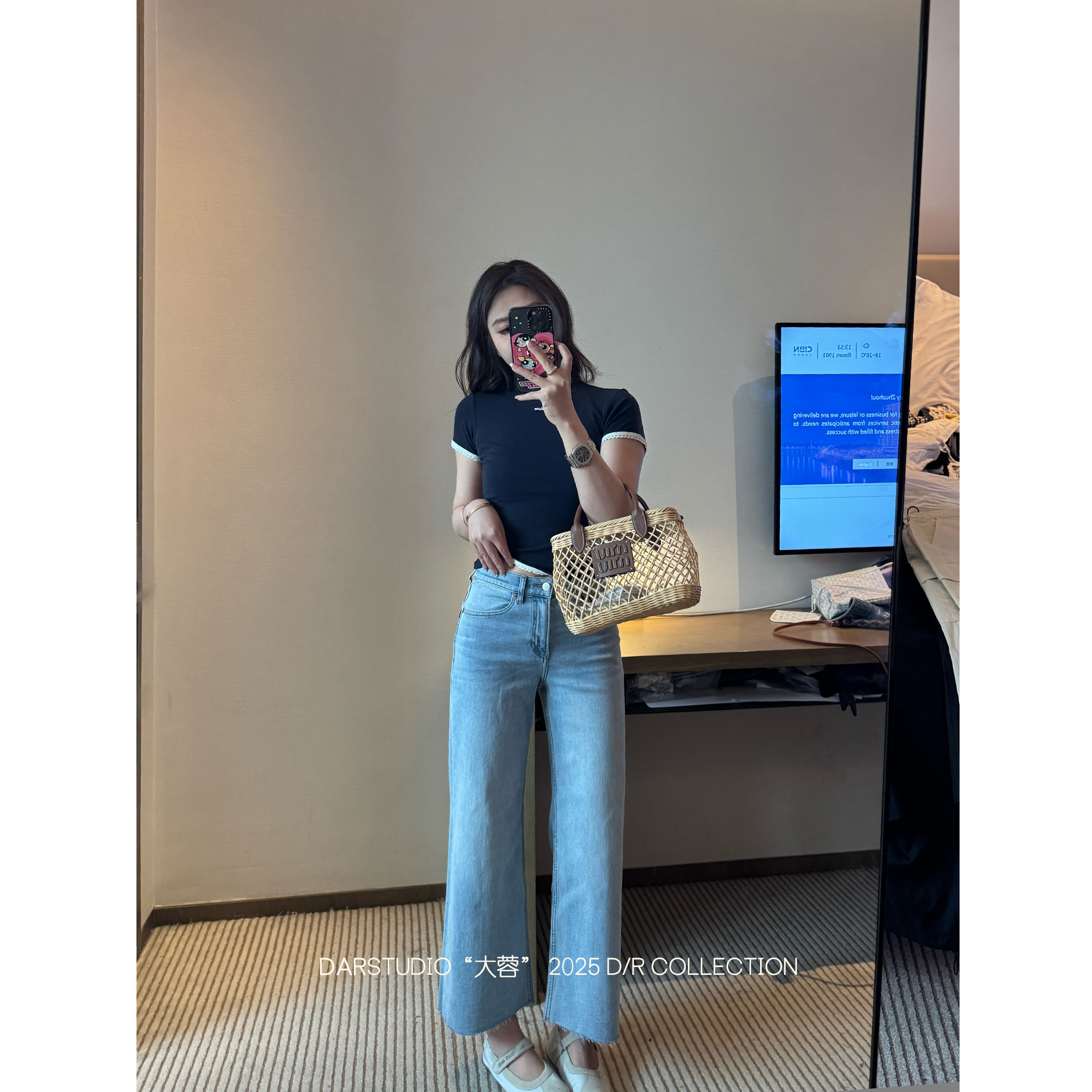 DAR STUDIO 粉标系列【日光岛屿】2025新款浅蓝须须阔腿九分牛仔裤