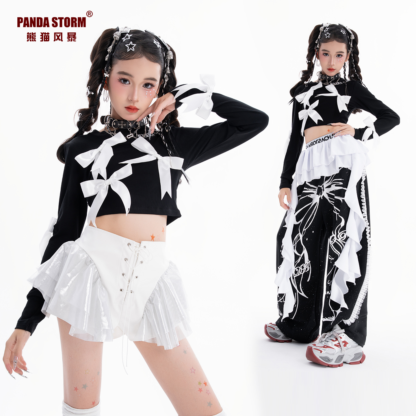 爵士舞女童服装jazz甜酷蝴蝶结长袖T恤长裤套装儿童街舞表演出服