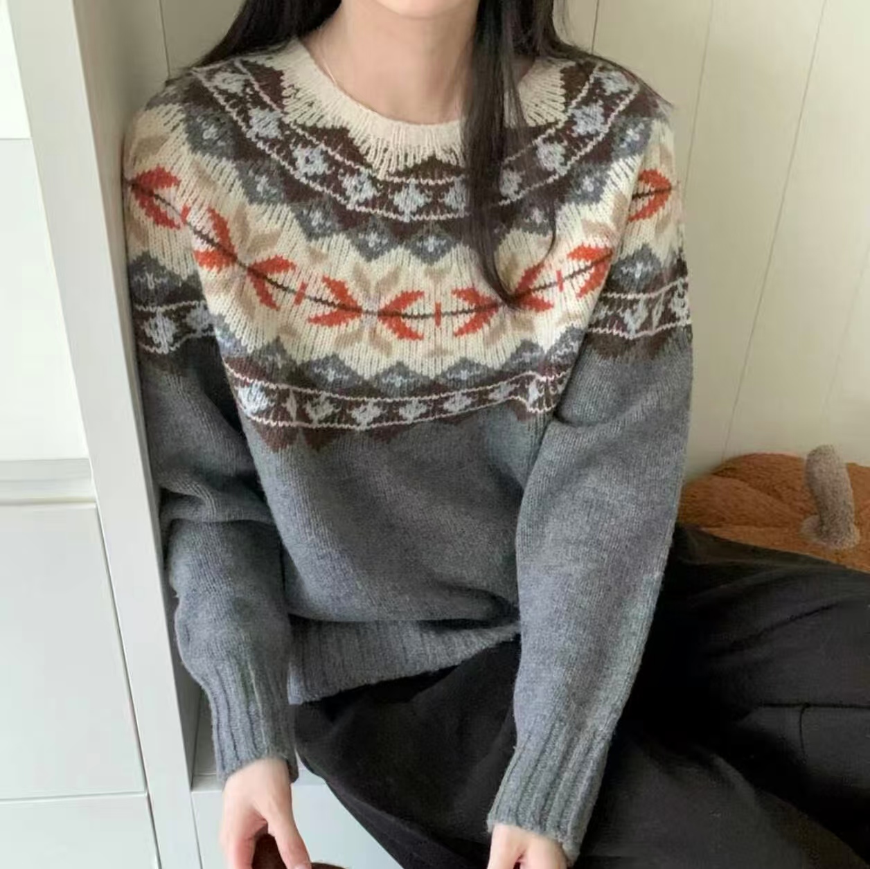 秋冬费尔岛撞色提花100%绵羊毛氛围感高级保暖毛衣