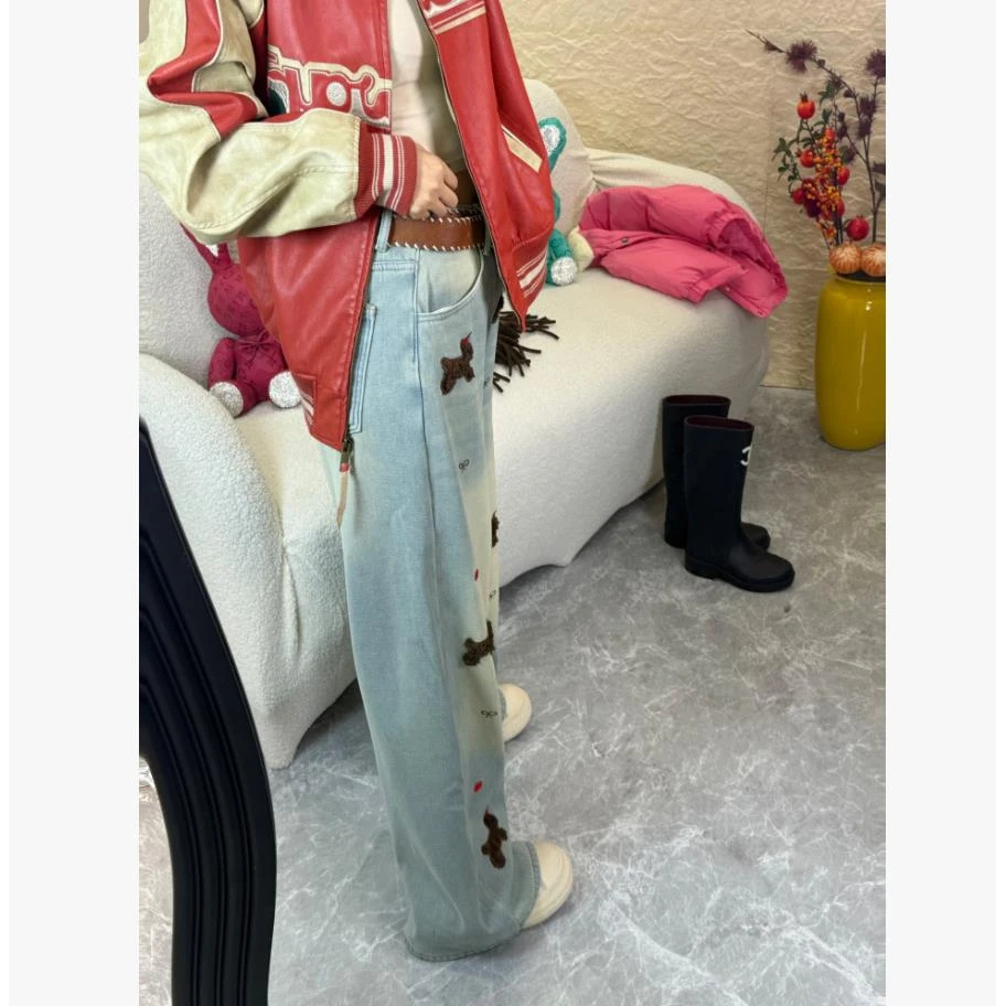 冬季加绒保暖新款爆款重工独角兽牛仔阔腿裤显瘦百搭