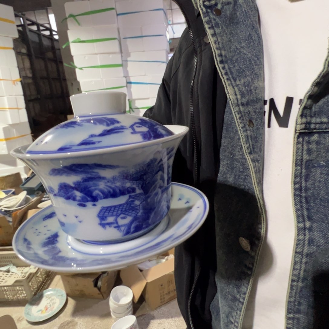 瓷景德镇高温陶瓷青花山水盖碗