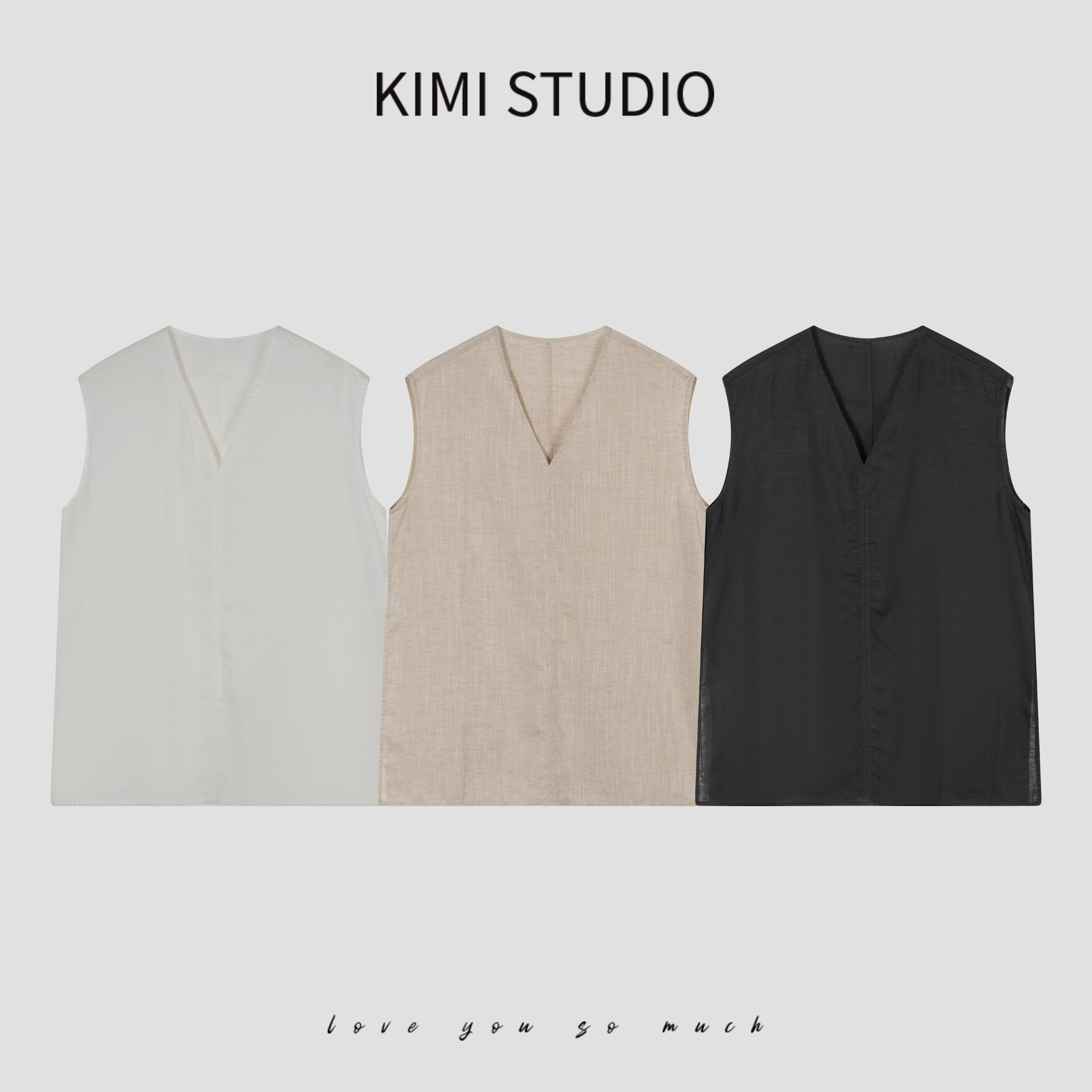 SS25867   夏季天丝亚麻V领侧开叉无袖背心上衣