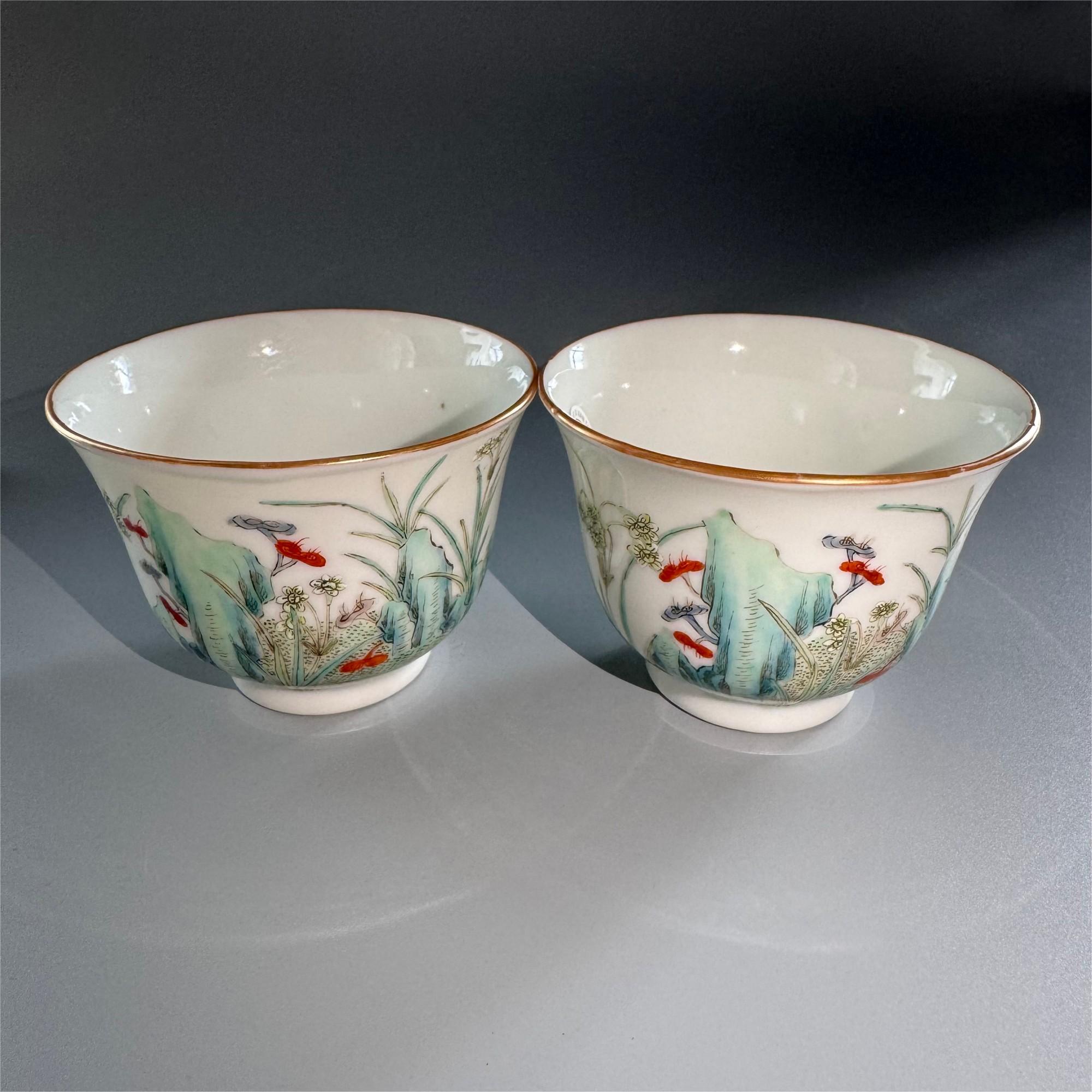 清光绪粉彩花卉杯一对【古董拍卖】JXT-00122