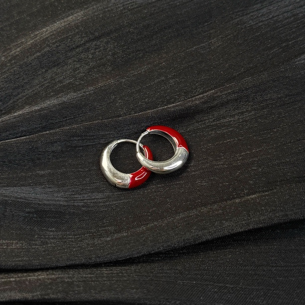 925银耳饰 925银珐琅耳饰 新年红银拼接圆耳扣