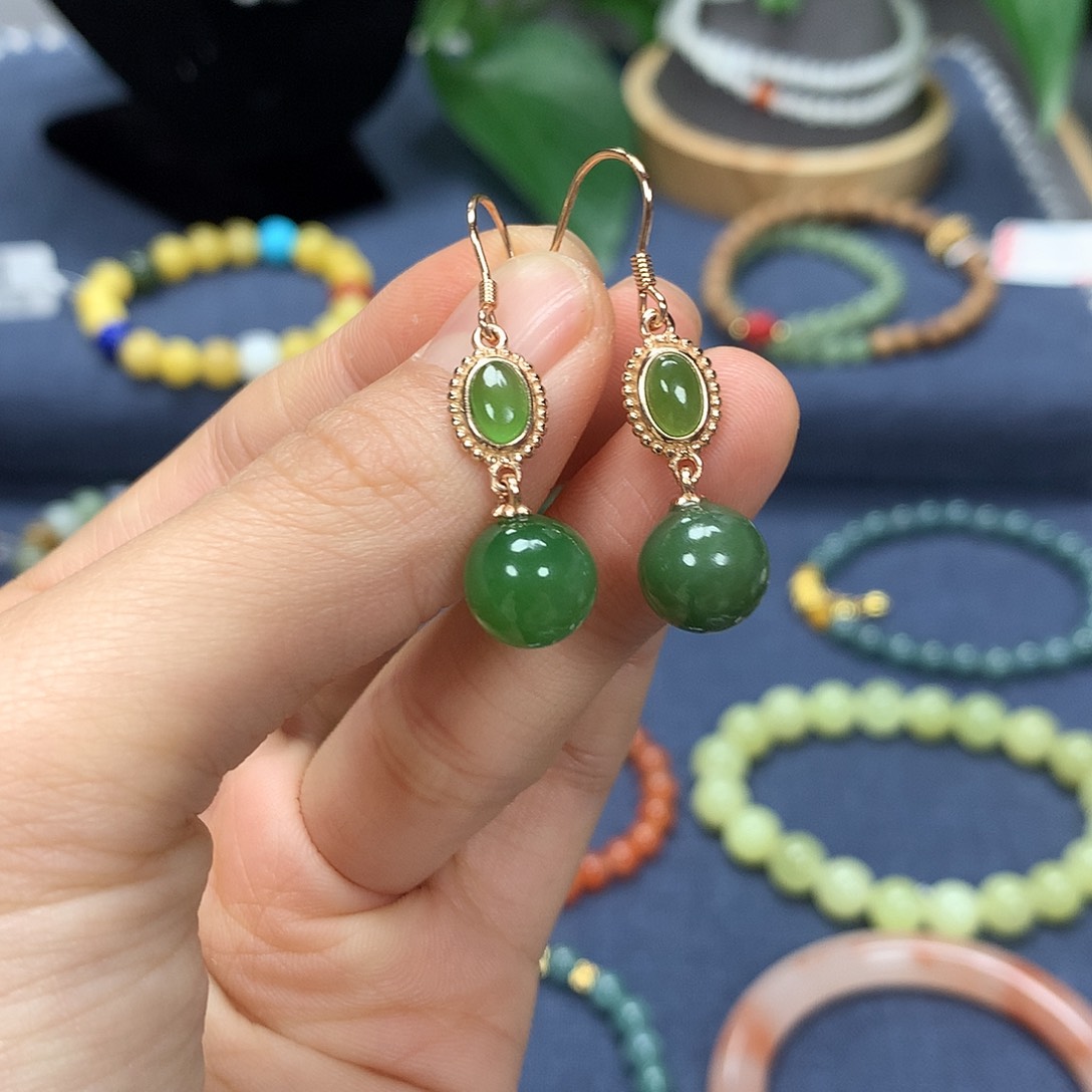 和田玉耳饰银S925镶嵌os