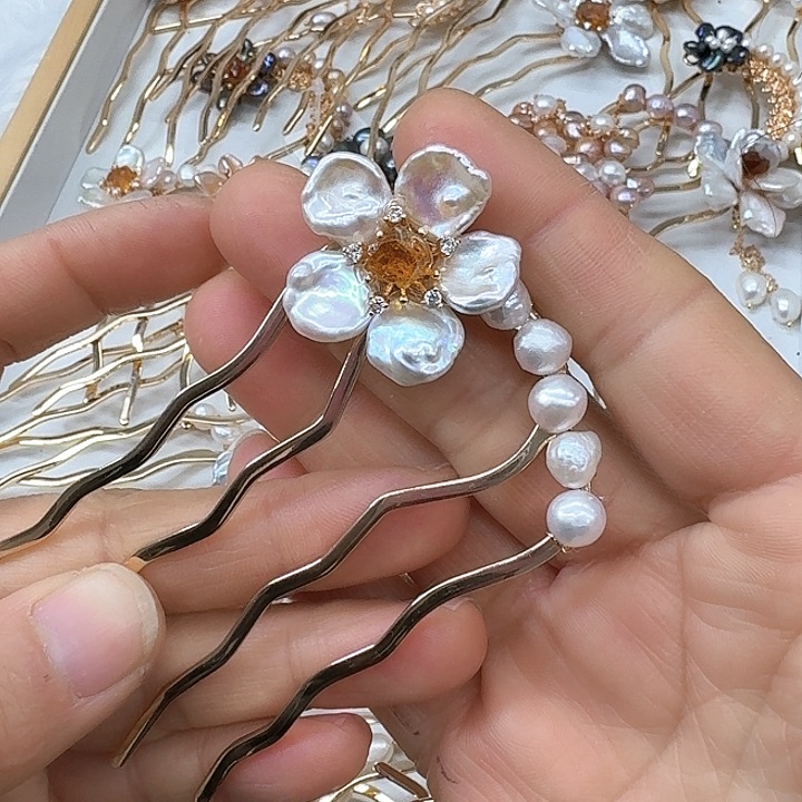 淡水珍珠发饰银S925镶嵌