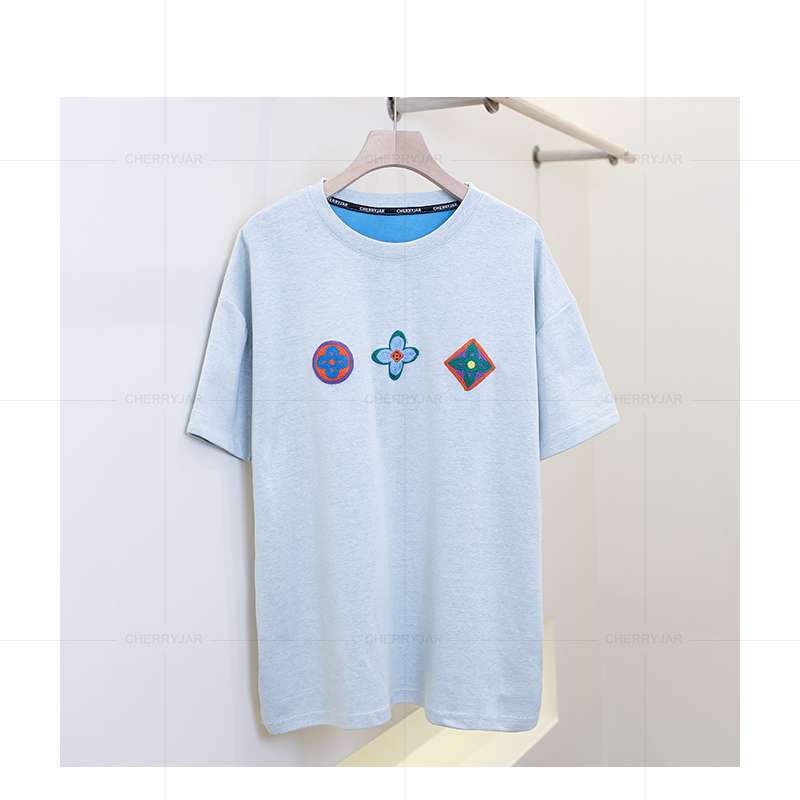 Cherryjar【25692】宽松棉质彩色几何花卉刺绣简约时尚短袖 T 恤